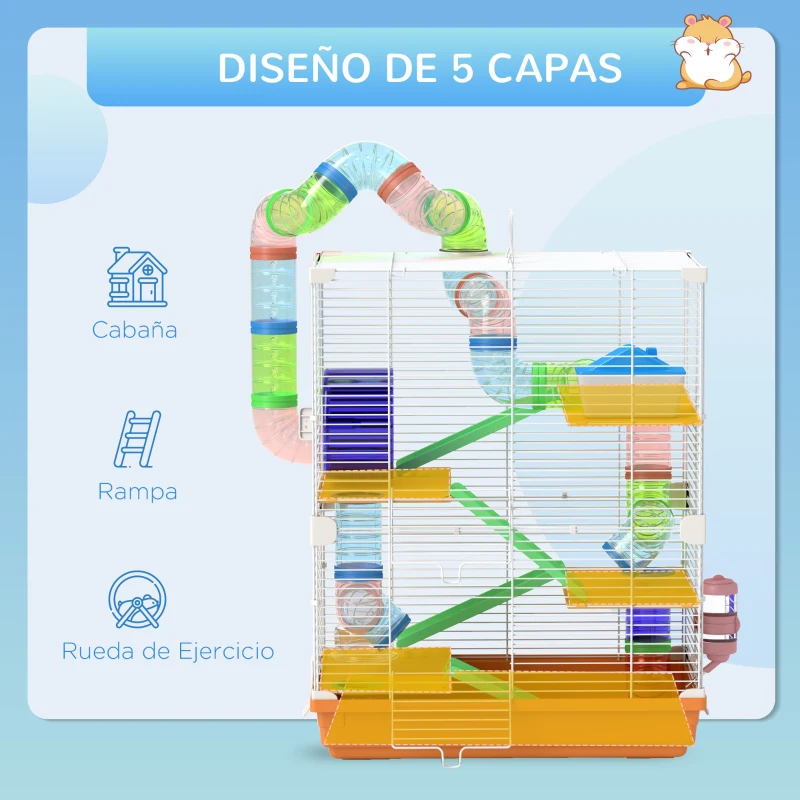 PawHut Jaula de Hámster con Túnel Plataformas Cuenco Bebedero Casita Rampas y Rueda de Ejercicio 46x30x58 cm Naranja