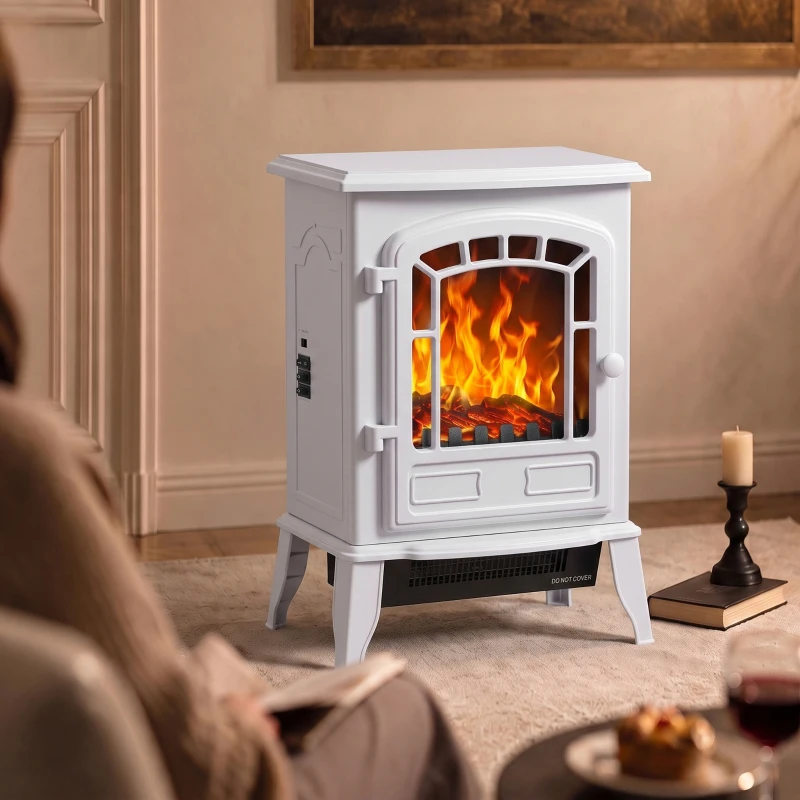 HOMCOM Electric Fireplace Stove, 1000W/2000W, Freestanding Electric Fire with LED Flame Effect, Adjustable Thermostat, White