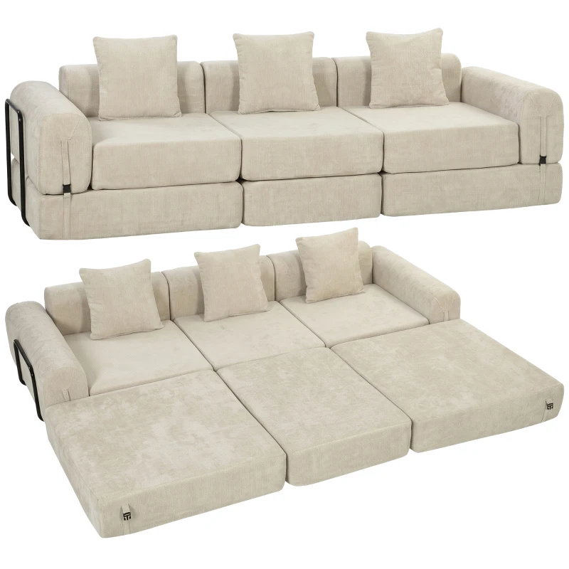 HOMCOM Klappbares Schlafsofa 245 cm, vakuumverpacktes 3‑Sitzer‑Modulsofa aus Chenille mit großer Sitzfläche, 3 Kissen, Beige