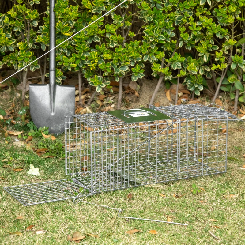Outsunny Trampa para Animales Vivos Plegable 66x24x30,5 cm Jaula de Captura de Alambre con Puerta y Asa para Conejos Plata