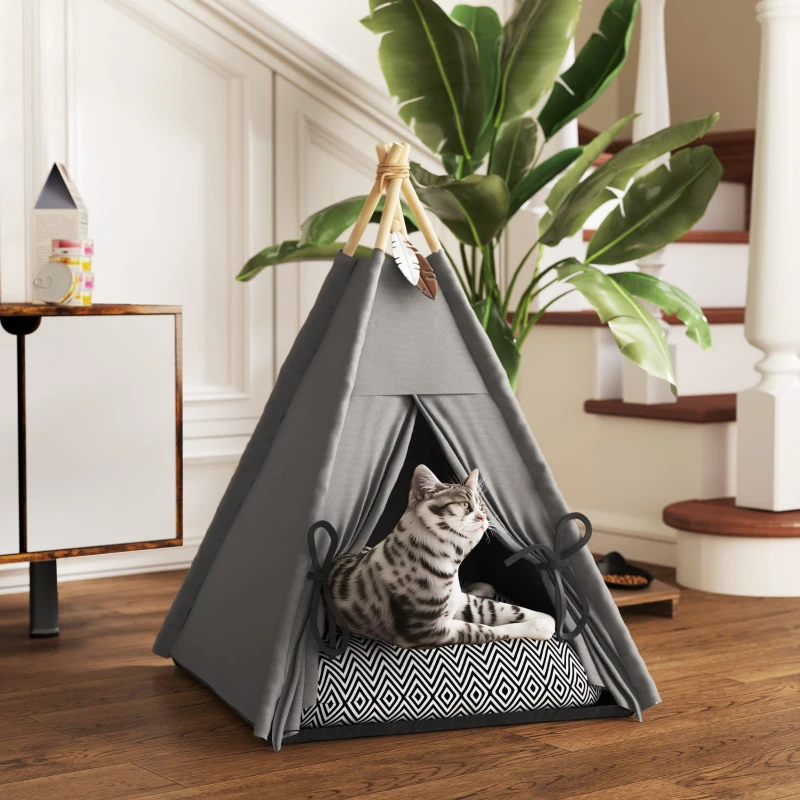 PawHut Tipi-Zelt für Haustiere, Tierbett im Tipi-Design, Katzenzelt mit Kissen, Hundebett zum Schlafen, Katzenbett, Grau