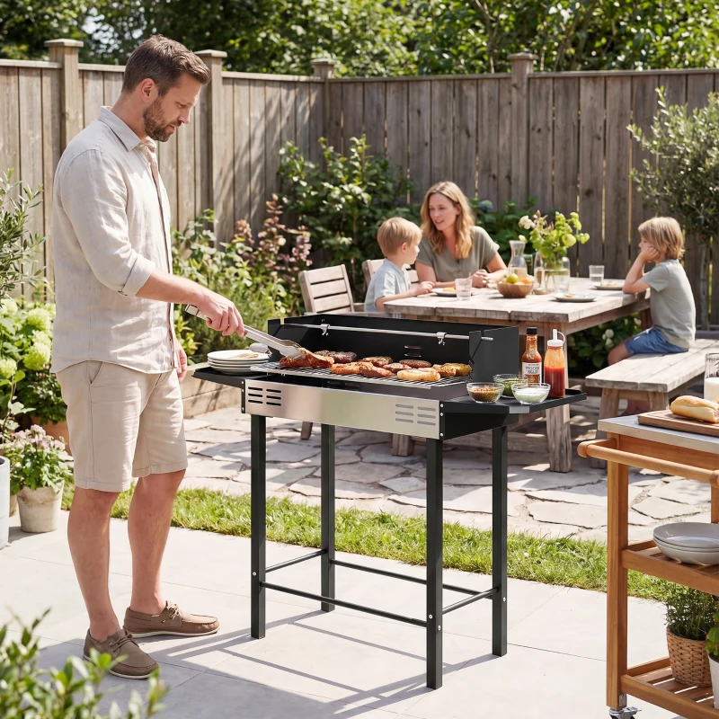 Outsunny Barbecue a Carbone a 3 Livelli con Mensole Pieghevoli e Girarrosto, in Acciaio Inox, 118x32x90 cm, Nero