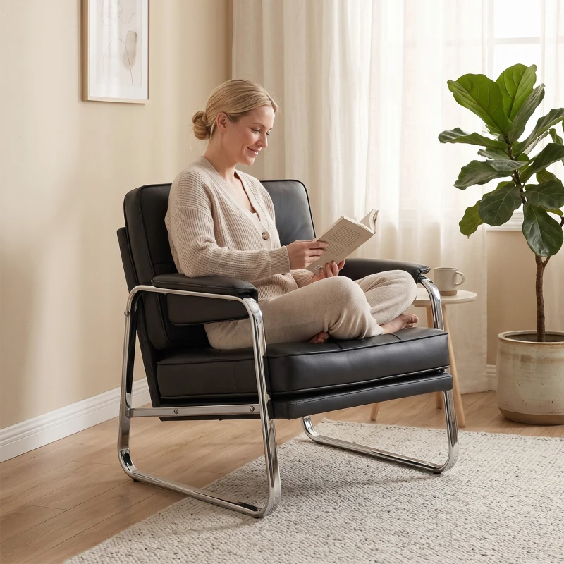 HOMCOM Sessel Loungesessel mit breiter Sitz, Armlehnen, Stahlbeinen, aus Kunstleder für Wohnzimmer, Schlafzimmer, Schwarz