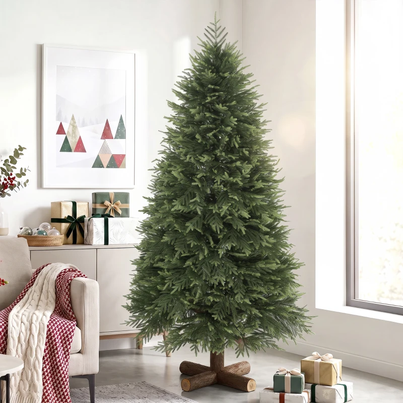 HOMCOM 7ft Artificial Christmas Tree, Hinged Xmas Tree with Realistic 1071 PE & PVC Branch Tips, Fir Wood Base, Green
