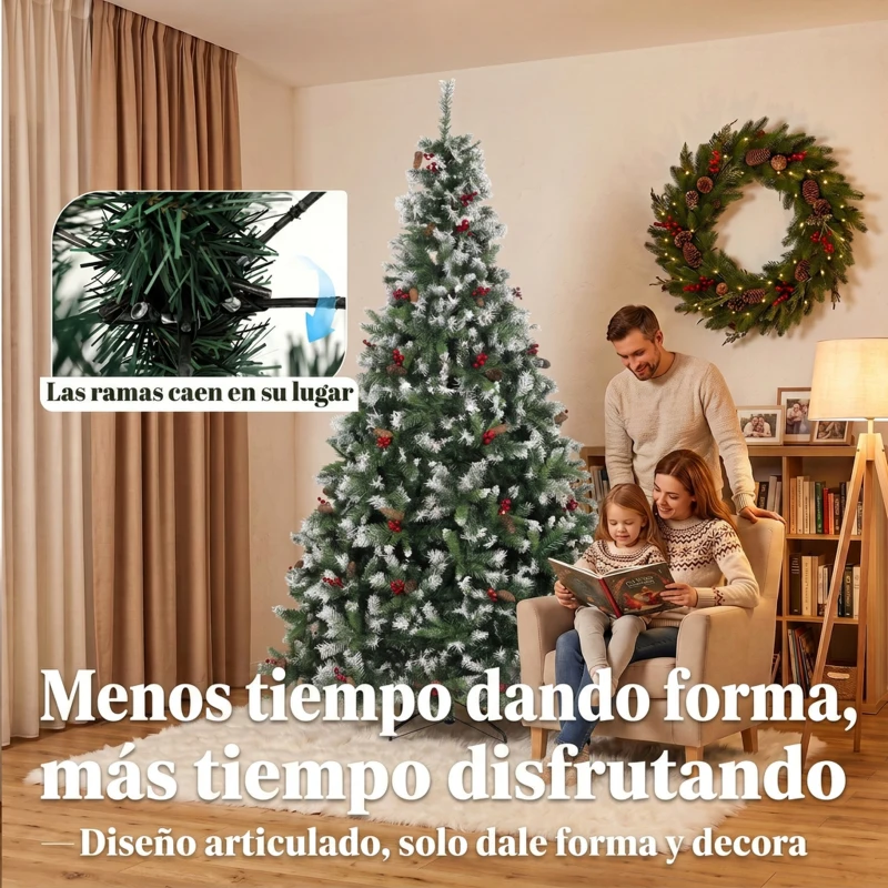 HOMCOM Árbol de Navidad Artificial Nevado 240 cm con 1773 Ramas Bayas Rojas Piñas Base de Acero Plegable Montaje Rápido Verde