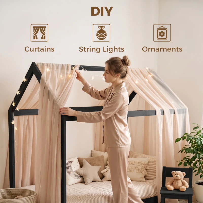 HOMCOM Single Bed Frame, House-Scandinavian-Style Wooden Bed Frame for 90W x 190D cm Mattress, Black