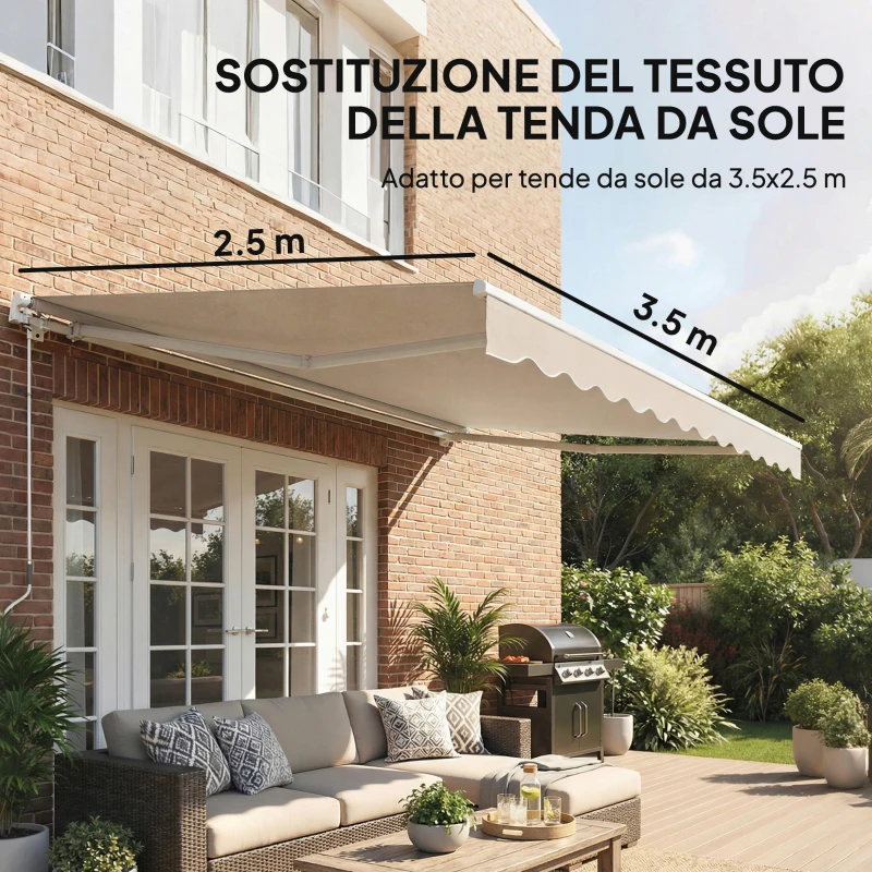 Outsunny Telo di Ricambio per Tenda Parasole Retrattile in Poliestere UV 50+, 3.5x2.5 m, Bianco Crema