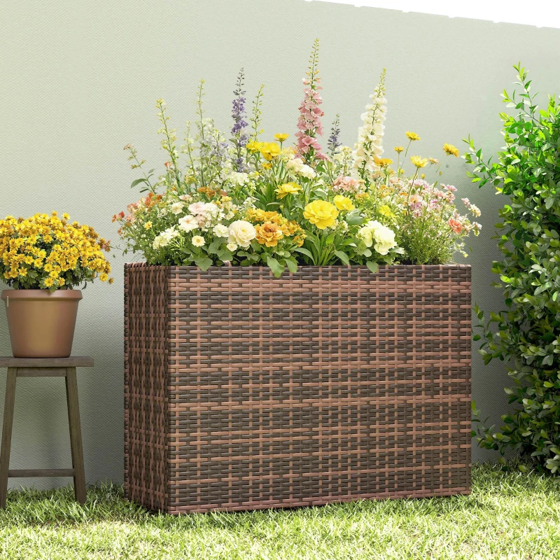 Outsunny Hochbeet mit verstellbaren Füßen, Rattan Blumenkasten mit herausnehmbarem Einsatz für Terrasse und Balkon, Braun