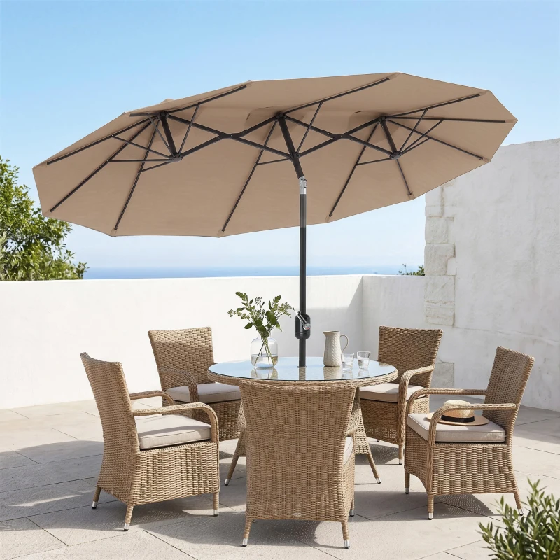 Outsunny Ombrellone Doppio Inclinabile a 45° con Manovella e Prese d'Aria, in Acciaio e Poliestere, 285x147x227 cm, Caffè