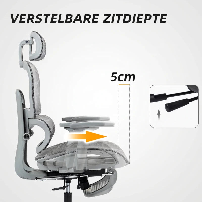 HOMCOM Bureaustoel, ergonomische bureaustoel met mesh-bekleding, verstelbaar, verrijdbaar, met armleuningen, hoofdsteun, grijs(m-5)