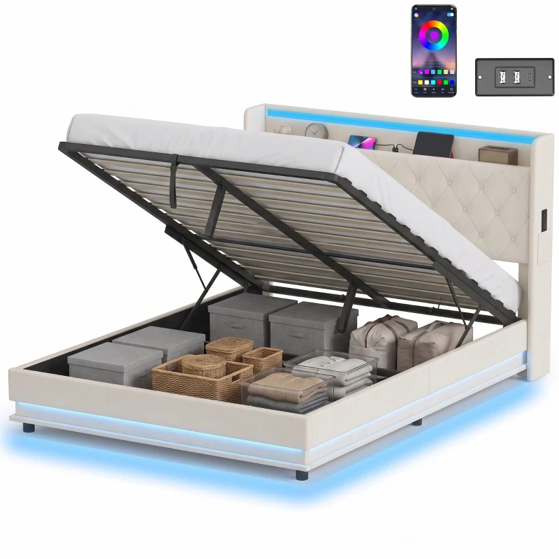 HOMCOM 5ft King Bed Frame with Headboard, Platform Bed Frame with Hydraulic Storage, LED Lights and Charging Station, White