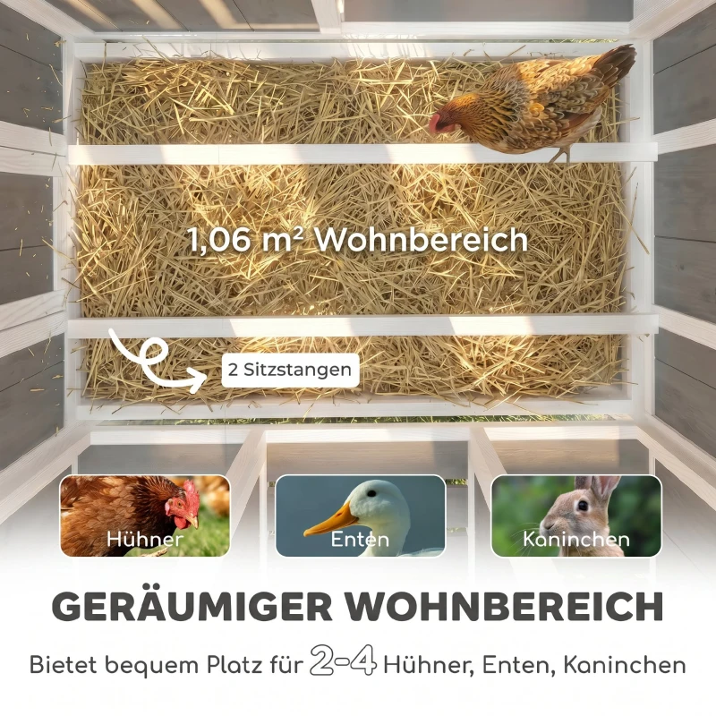PawHut Kippenhok hout met afsluitbare deur legkast waterdicht PET-dak voor 3-4 kippen, 145x90x92 cm Grijs
