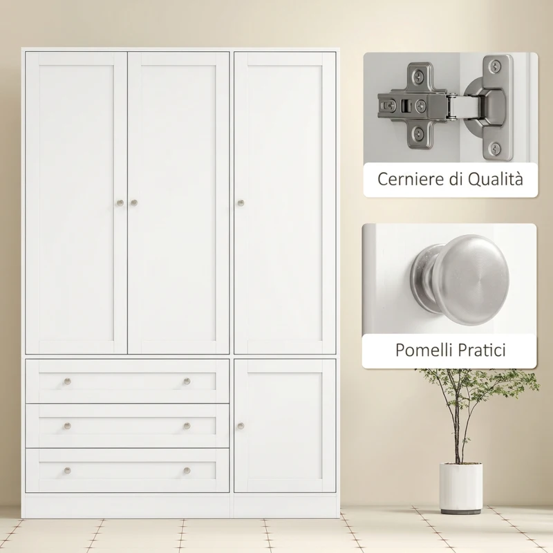 HOMCOM Armadio Moderno Con Barra Appendiabiti, 3 Cassetti, Ripiano Regolabile, Bianco