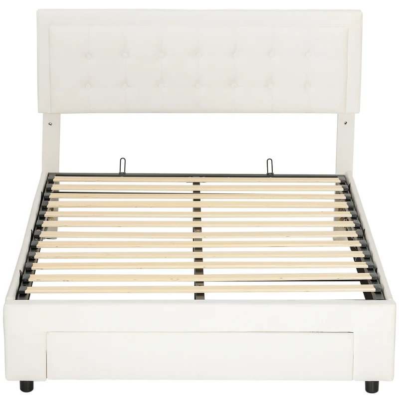 HOMCOM 4ft6 Double Ottoman Bed Frame, with Front Drawer - Cream