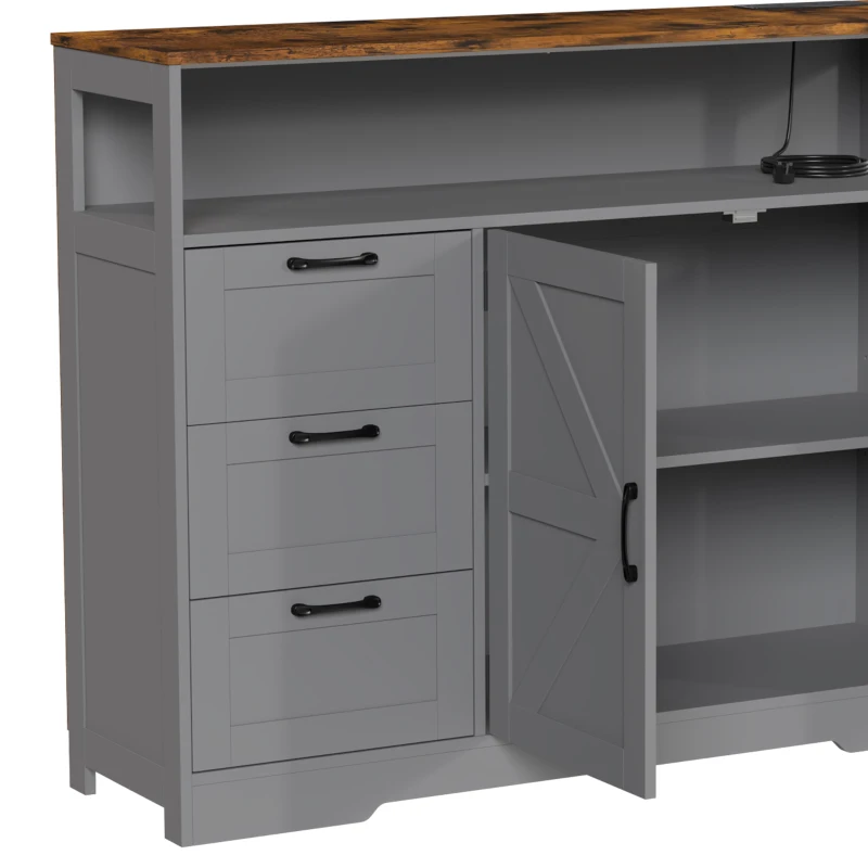 HOMCOM Sideboard Cabinet with Power Outlet, Farmhouse Kitchen Cabinet with 3 Drawers and Open Shelf, Grey
