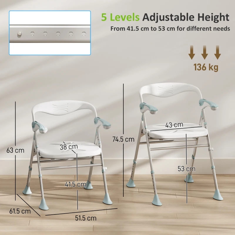 HOMCOM Foldable Shower Chair with Flip-Up Armrests, Shower Stool with Adjustable Height, Tool-Free Assembly, 136 kg