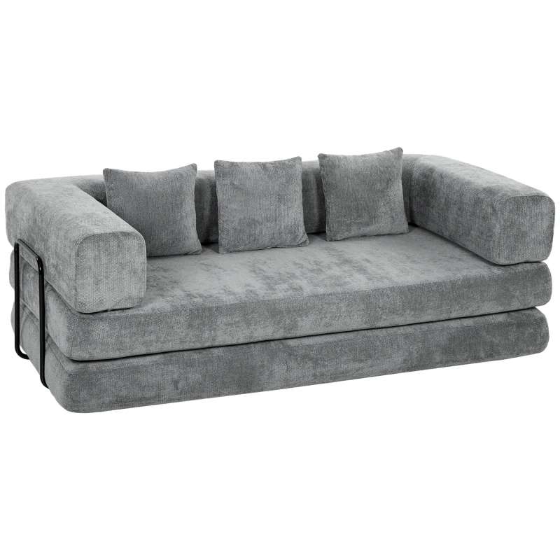 HOMCOM Canapé Convertible 3 Places Compressé 5 en 1, Canapé-Lit en Chenille 205cm, Assise Profonde, 2 Coussins, Gris