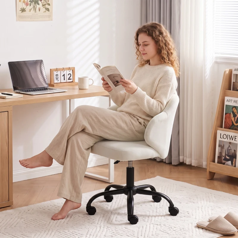 HOMCOM Chaise Bureau en Velours, Chaise Coiffeuse avec Dossier en Pétale, Hauteur Réglable, Fonction Bascule, Crème