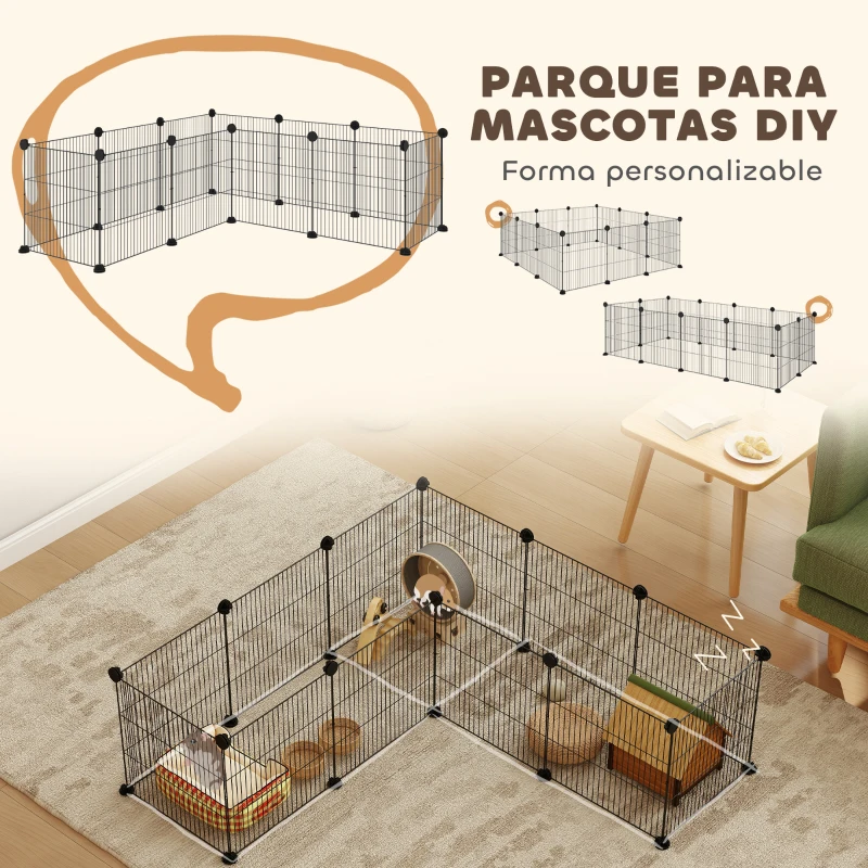 PawHut Parque Metálico para Animales Pequeños de 12 Paneles Desmontable Diseño DIY para Erizo 140x70x35 cm Negro
