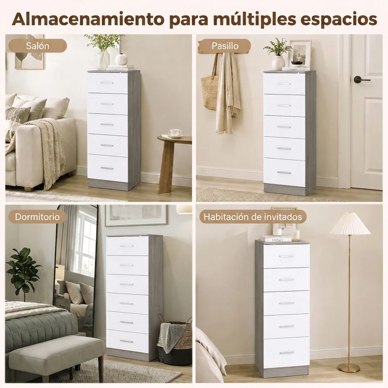 HOMCOM Cómoda de 6 Cajones Cajonera Alta para Dormitorio con Antivuelco 40x40x110 cm Gris Claro y Blanco