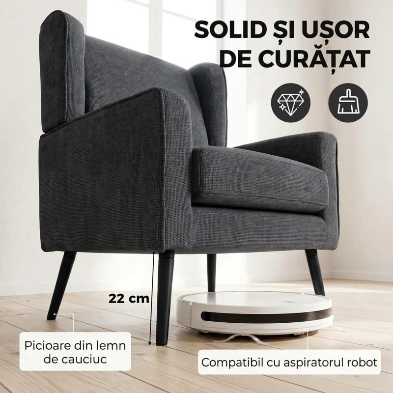 HOMCOM Fotoliu din chenille pentru dormitor, stil modern Mid-Century, cu picioare din lemn de cauciuc, gri închis