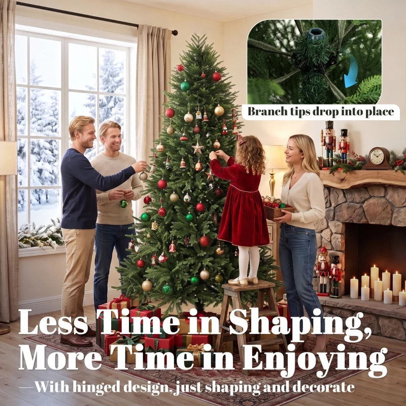 HOMCOM 7ft Artificial Christmas Tree, Hinged Xmas Tree with Realistic 1071 PE & PVC Branch Tips, Fir Wood Base, Green