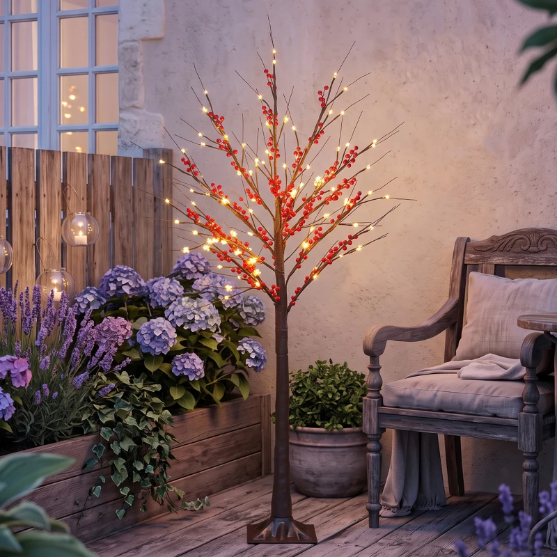 HOMCOM Árbol de Abedul Artificial 150 cm con 96 Luces LED Blanco Cálido Bayas Rojas Temporizador y 12 Ramas Flexibles Marrón
