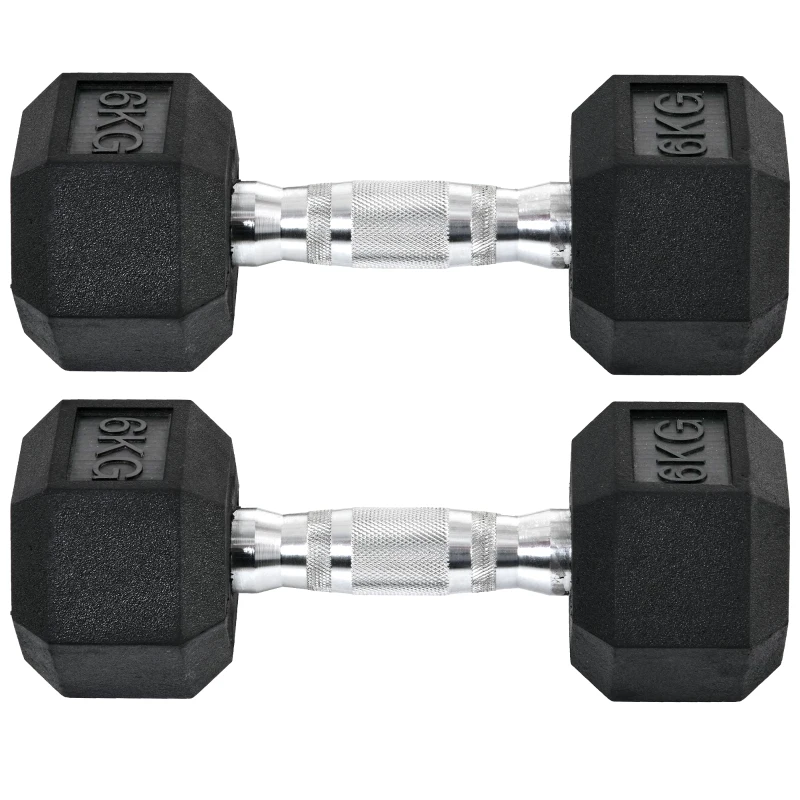 HOMCOM Juego de Mancuernas de 2x6kg con Barra de Conexión Metálica y Cabeza Hexagonal para Entrenamiento en Casa Negro y Plata