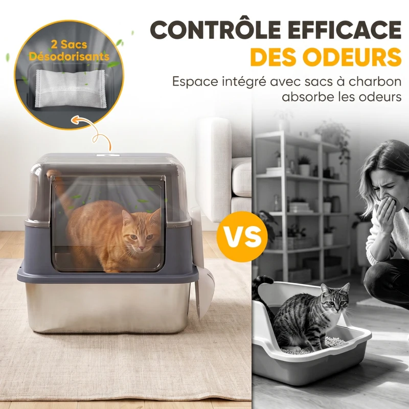 PawHut Bac à Litière pour Chat en Acier Inox. 2 en 1 Couvercle Pelle Filtres Sacs Désodorisants Grande Taille 48x38x34cm Gris