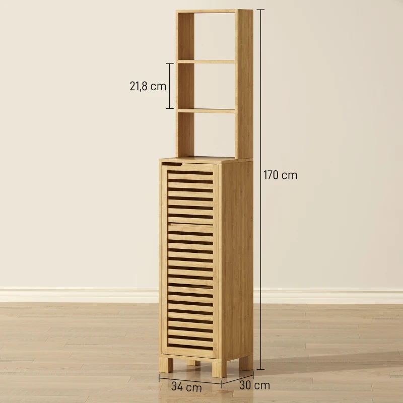 HOMCOM Smalle badkamerkast, hoge kast met 3 open planken, verstelbare planken, lamellendeur, 34 x 30 x 170 cm Naturel