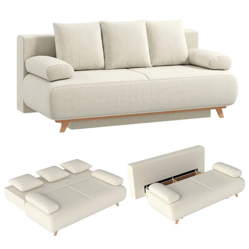 HOMCOM Slaapbank met verstelbare rugleuning, bedfunctie, verborgen opbergruimte en cord bekleding, beige