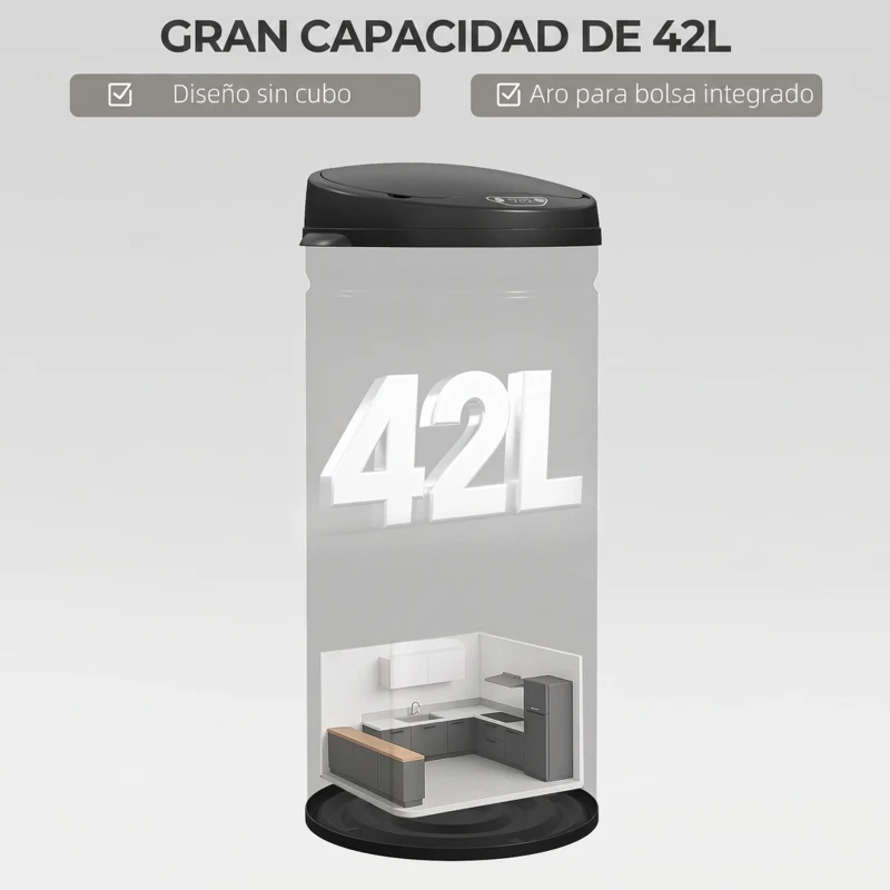 HOMCOM Cubo de Basura Cocina Automático 42 L Sensor Infrarrojo Cierre Automático Antihuellas Acero Inoxidable Negro