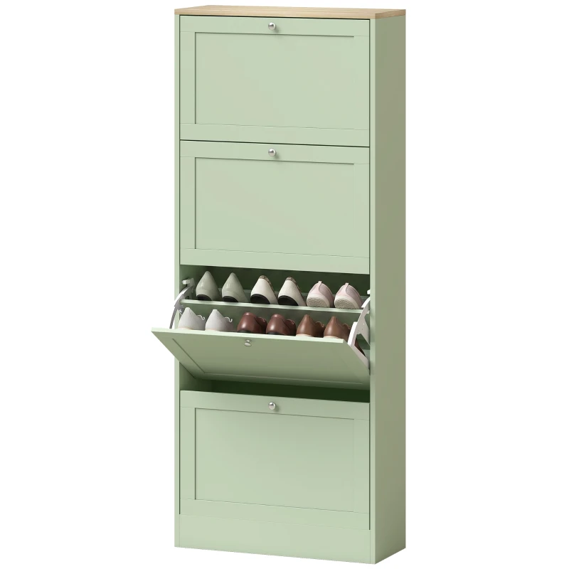 HOMCOM Mueble zapatero 24 pares, armario zapatero con 4 cajones abatibles, estantes ajustables, 60x23,5x153cm, verde