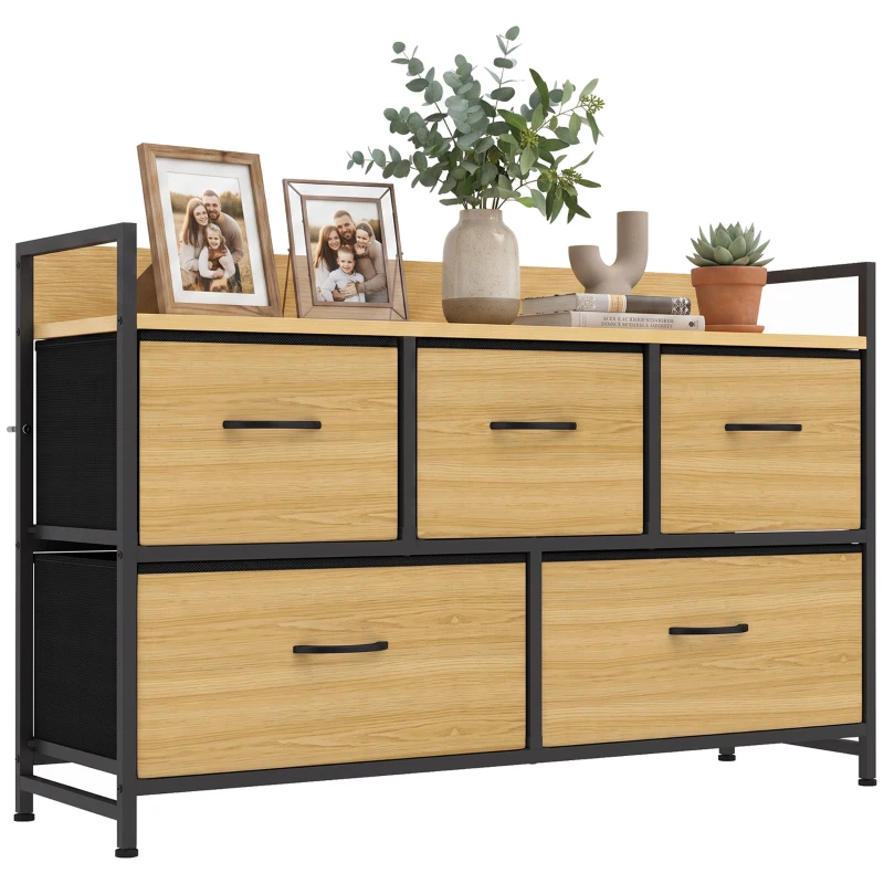 HOMCOM Commode, meuble de rangement avec 5 tiroirs en tissu pliables, plateau et cadre en acier, 98 x 29 x 63 cm, chêne