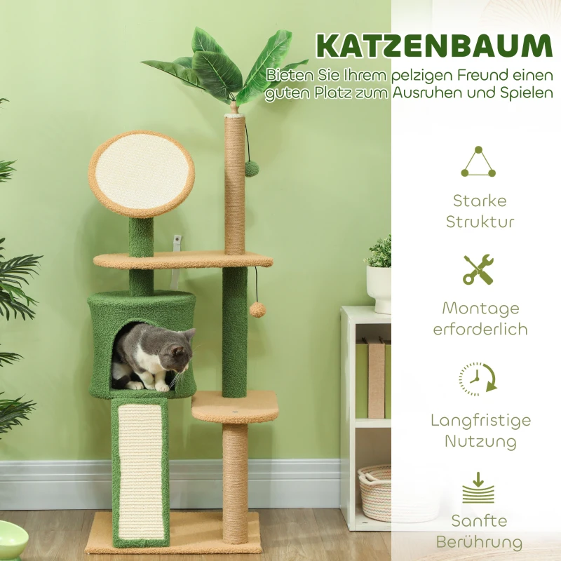 PawHut Kratzbaum, 139 cm Katzenbaum mit Höhle, Spielbällen, Sisal-Kratzpfosten und Plattformen, für zwei Katzen, Grün