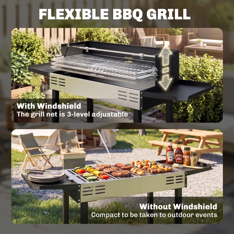 Outsunny BBQ Rotisserie Grill Roaster Charcoal Spit Roasting Machine for Chicken Turkey with 3-Level Grill Grate, Side Shelves