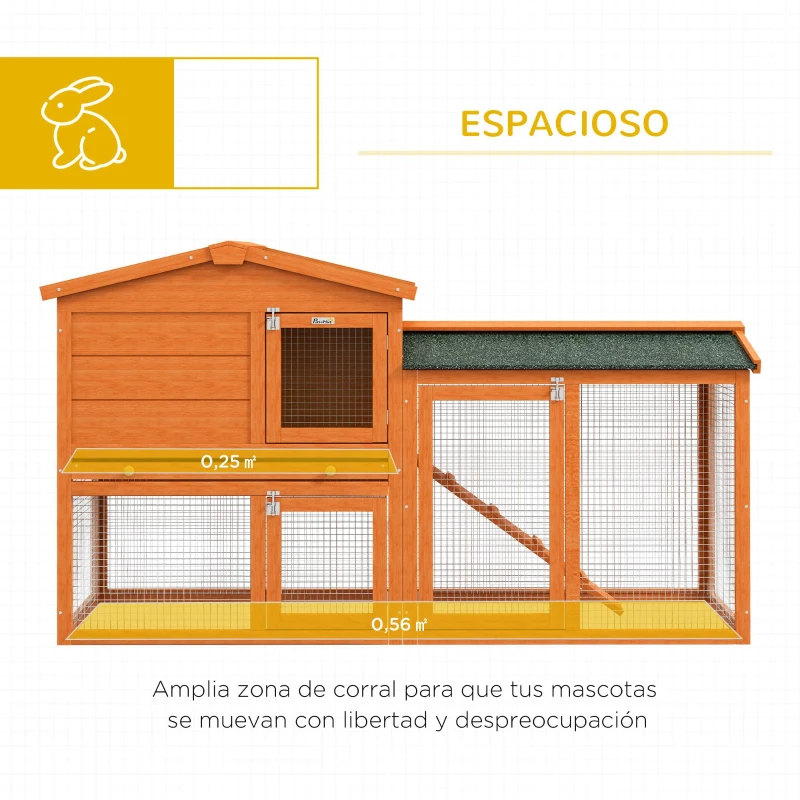 PawHut Jaula para Conejos Grande 150x45x85 cm con Techo Asfáltico Bandeja Extraíble Escalera  para Exterior Natural