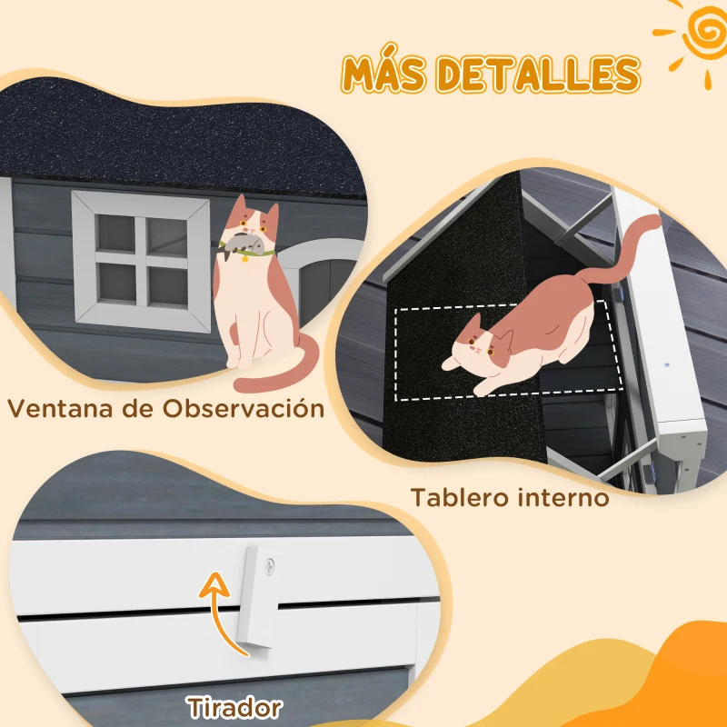 PawHut Casa para Gatos de Madera con Techo Asfáltico Abatible 3 Puertas Ventana para Exterior 77x57,5x68 cm Gris y Negro