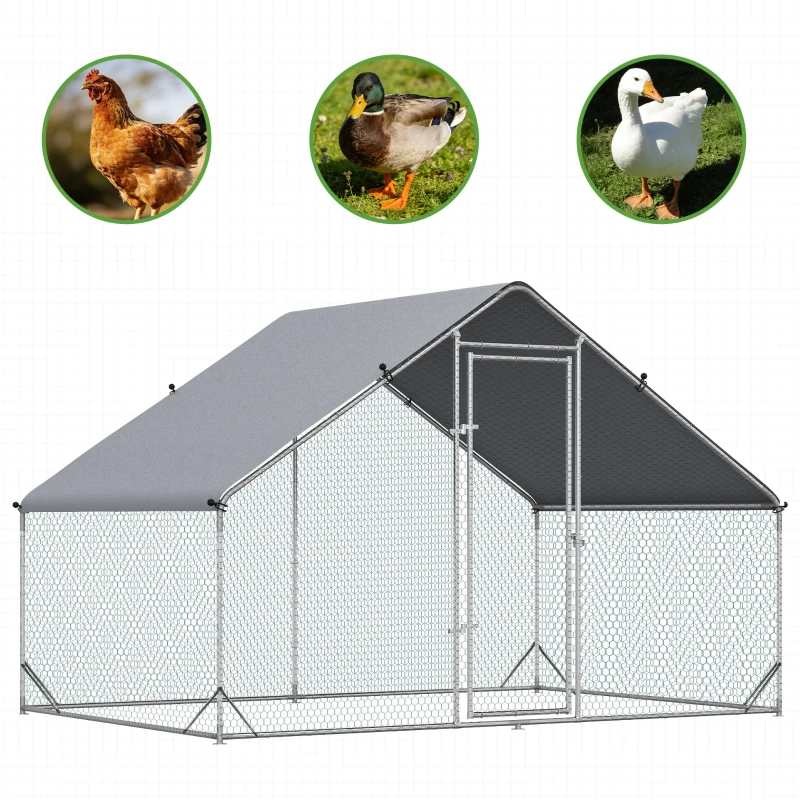 PawHut Kippenhok, Buitenren, Pluimveestal met Zonnescherm, Buitenverblijf voor 4-6 Kippen, Eenden Konijnen, 3 x 2 x 2 m
