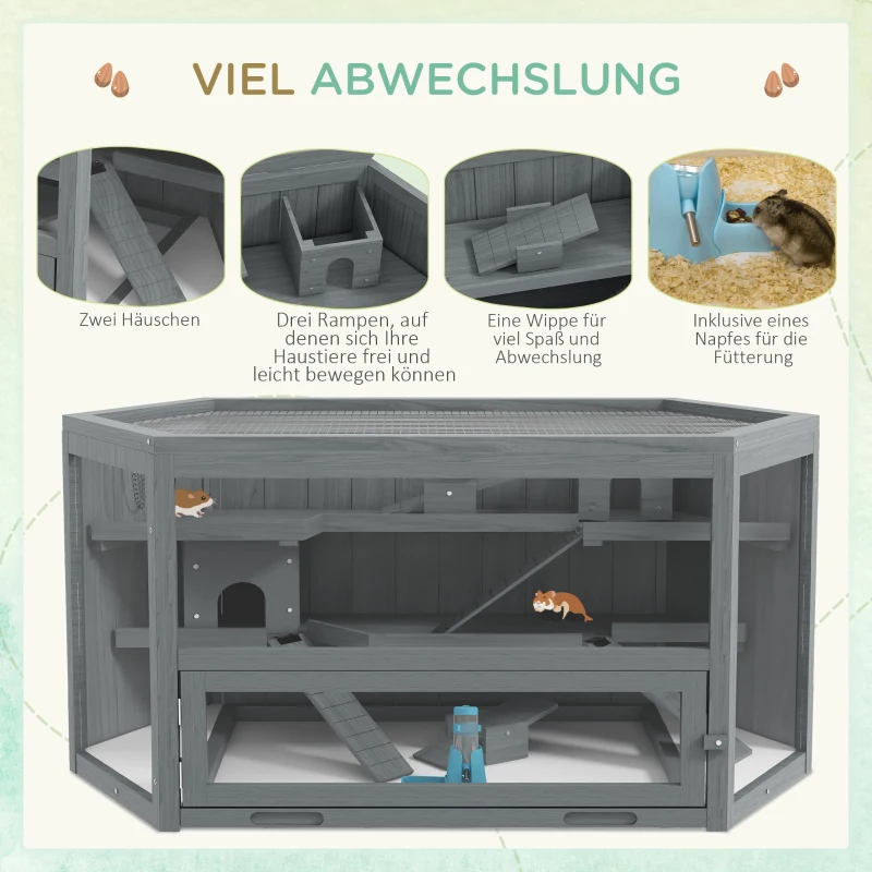 PawHut Hamsterkooi, 3 Niveaus, Uitschuifbare Tray, Hout/Metaal, 115x60x55 cm