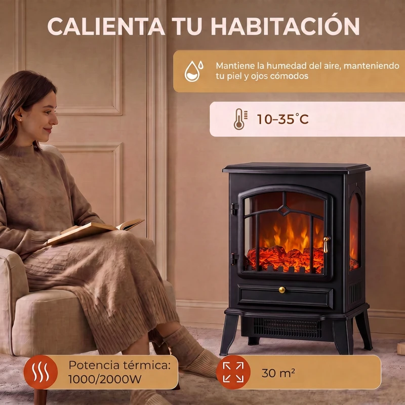 HOMCOM Chimenea Eléctrica 1000/2000 W con Efecto Llama 3 Vistas Termostato y Brillo Regulable Negro