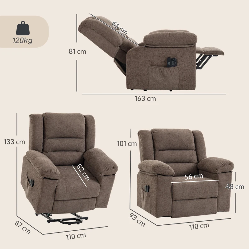 HOMCOM Poltrona Elevatória Elétrica Reclinável 150°, Braços Amplos, 8 Pontos de Massagem, Aquecida, Castanho