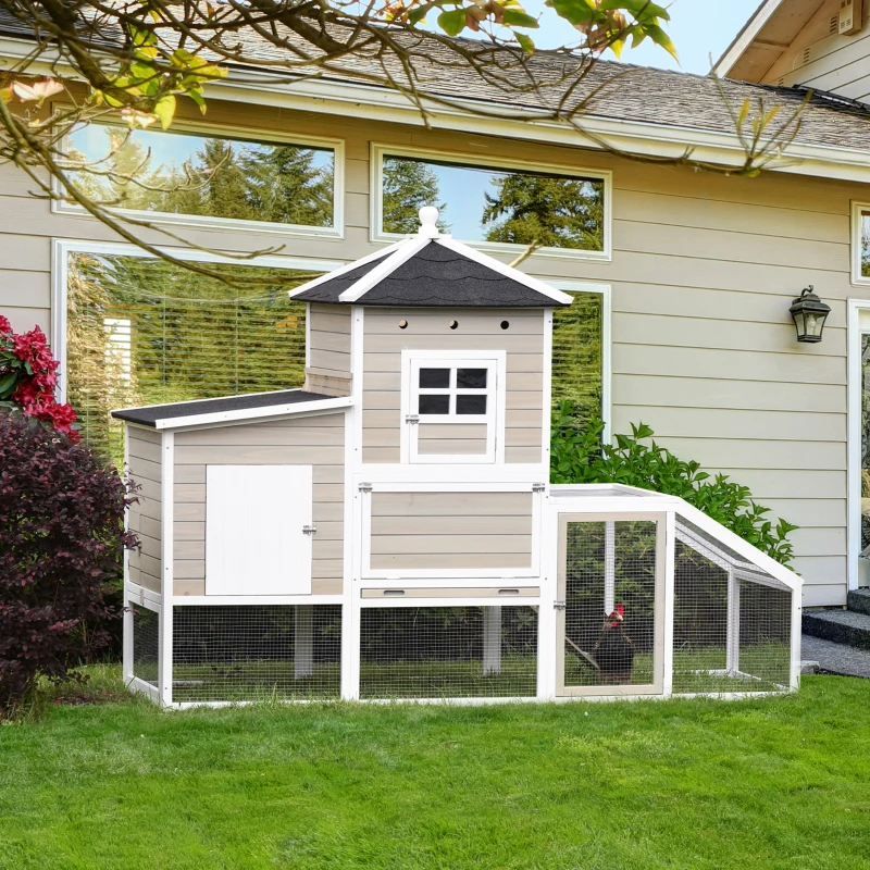 PawHut Gallinero de Madera para Exterior Jaula Grande para Gallinas Pollos con Caseta de 2 Niveles Zona Abierta Nido Bandeja Extraíble y Techo Asfáltico 235x83x171 cm Gris