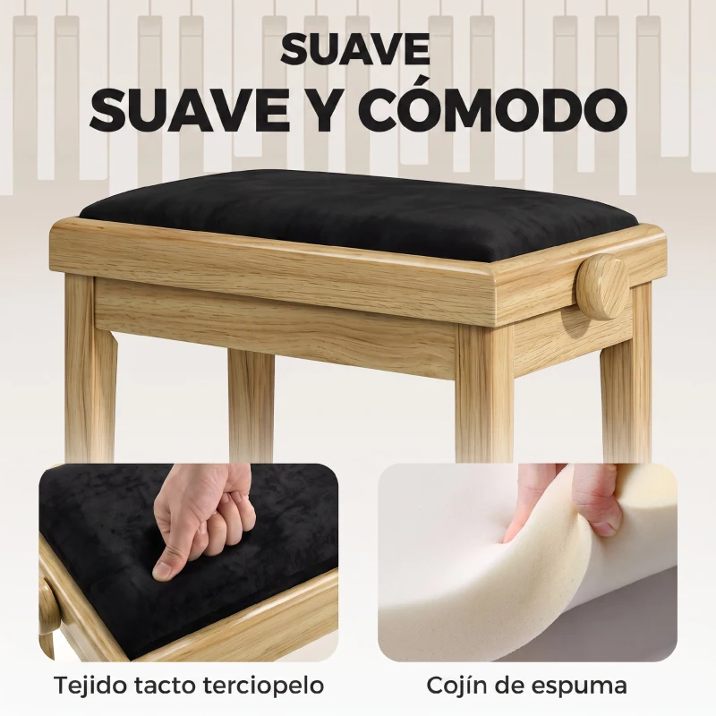 HOMCOM Banco para Piano Ajustable Altura 45-56 cm Banqueta para Piano Acolchada de Terciopelo Patas de Madera Madera Natural