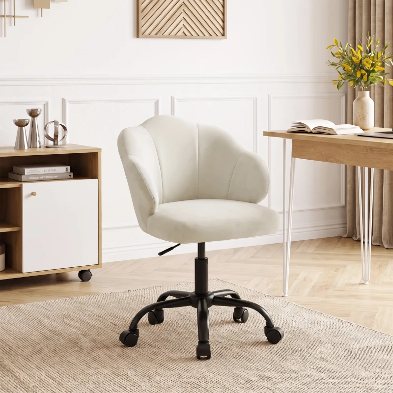 HOMCOM Chaise Bureau en Velours, Chaise Coiffeuse avec Dossier en Pétale, Hauteur Réglable, Fonction Bascule, Crème