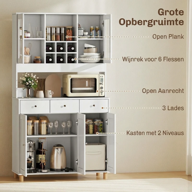 HOMCOM 180 cm keukenkast, 2 glazen deuren, 3 lades, 4 verstelbare planken, eetkamerkast, spaanplaat, Wit(m-5)