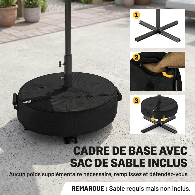 Outsunny Parasol de jardin extérieur rond Ø 3 x 2,5 m parasol droit inclinable Base et Poids Sable, nervure rétractable, Gris Foncé