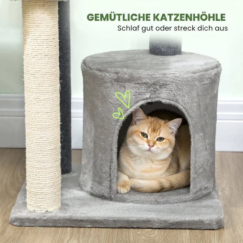 PawHut Kratzbaum 103 cm Katzenbaum mit Katzenhöhle, Plattformen, Sisal-Kratzsäulen, Plüschball für Katzen bis 5 kg, Grau