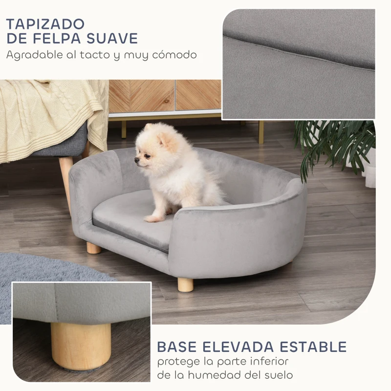 PawHut Sofá para Perros Pequeños con Patas de Madera Funda Lavable y Cojín Desmontable 86x55x33 cm Gris Claro