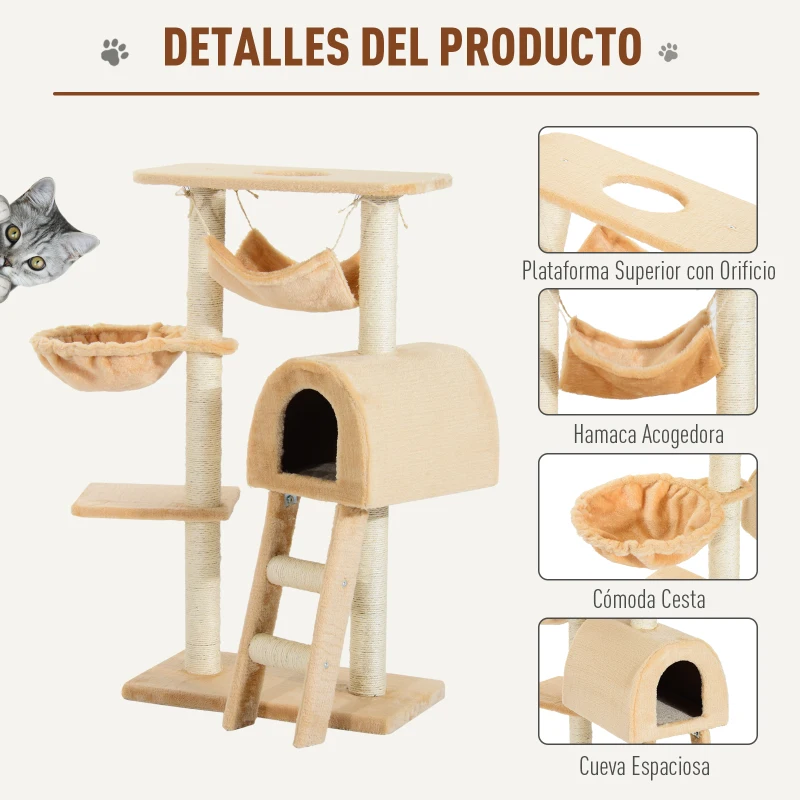 PawHut Árbol para Gatos Rascador 55x30x100 cm con Poste para Arañar Nido Cesta Hamaca Plataforma Caseta y Escalera de Terciopelo y Sisal Natural Beige